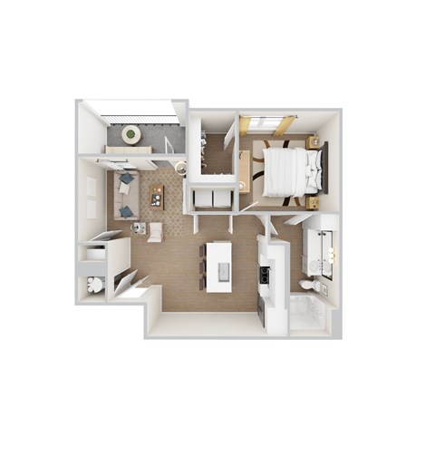A top down view of a small apartment with a kitchen, living room, and bathroom.